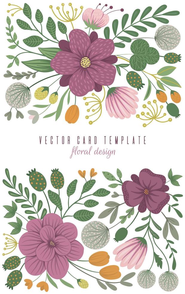 Vector card template with floral elements. Design with flowers for stationery, letter, invitation, greeting. Vertical frame with beautiful tapestry like spring or summer background.