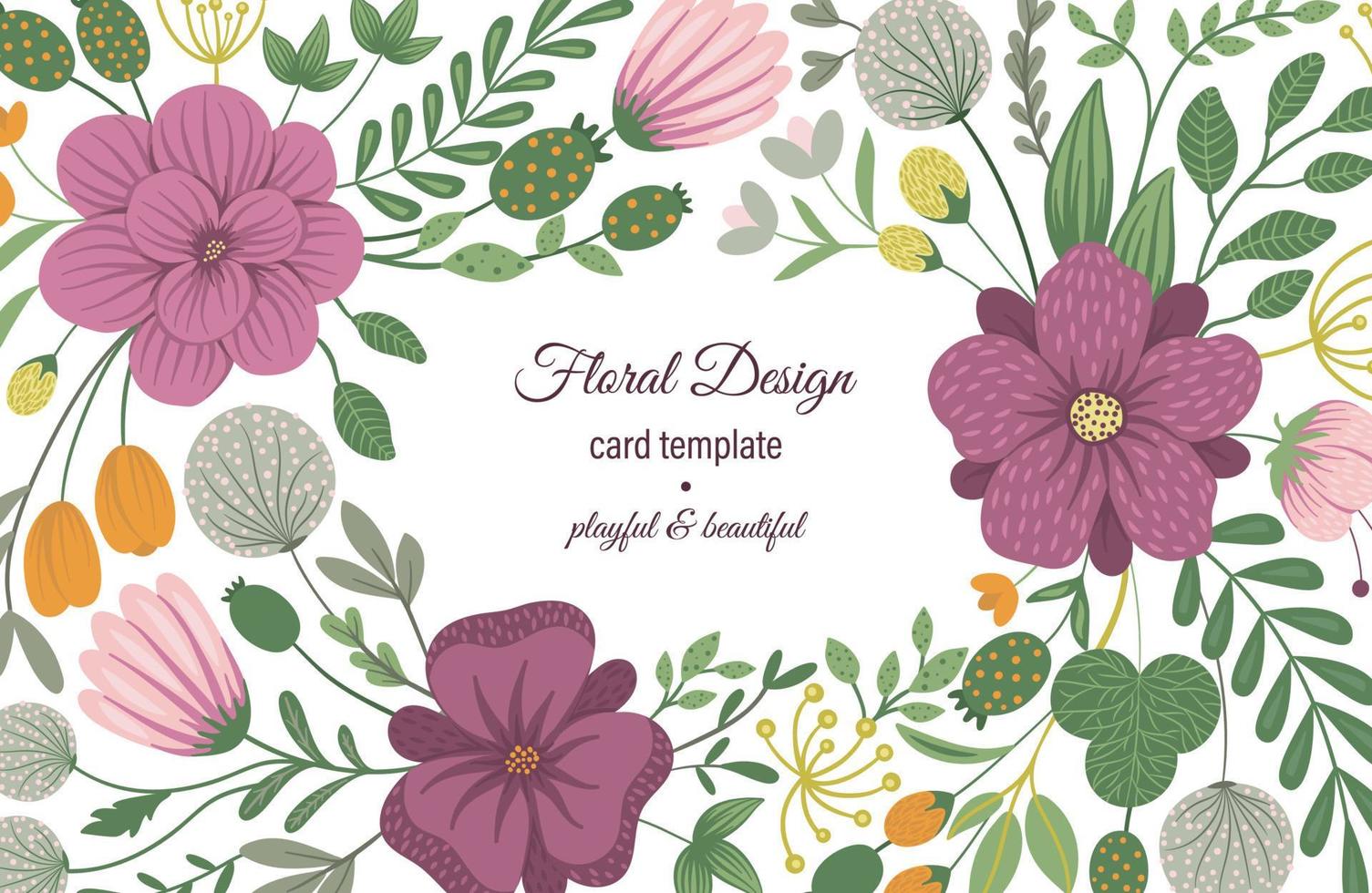 plantilla de tarjeta de vector con elementos florales. diseño con flores para papelería, carta, invitación, saludo. marco horizontal con hermoso tapiz como fondo de primavera o verano.