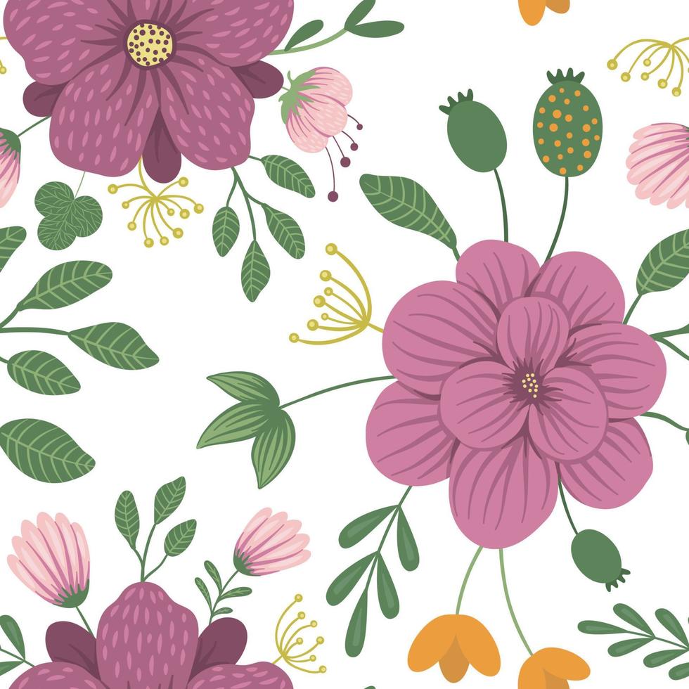 Vector floral seamless background. Flat trendy illustration with flowers, leaves, branches. Repeating pattern with meadow, woodland, forest plants.