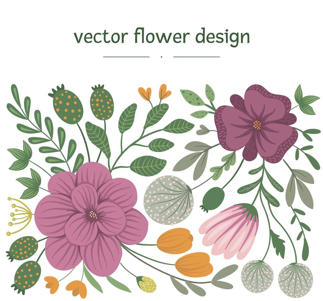 Vector floral design. Flat trendy illustration with flowers, leaves, branches. Meadow, woodland, forest clip art. Flat trendy background