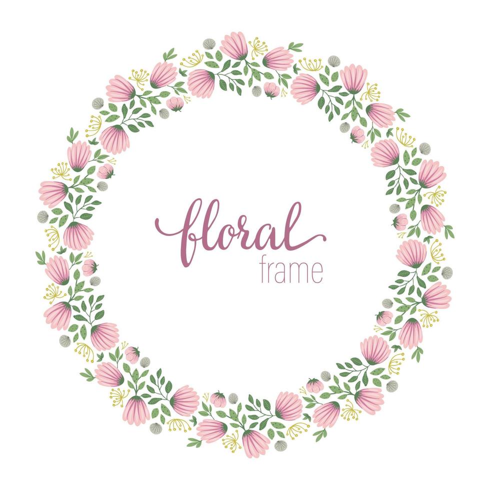 Vector frame template with flat trendy wild flowers on white background. Square layout card with place for text. Floral design for invitation, wedding, party, promo events.