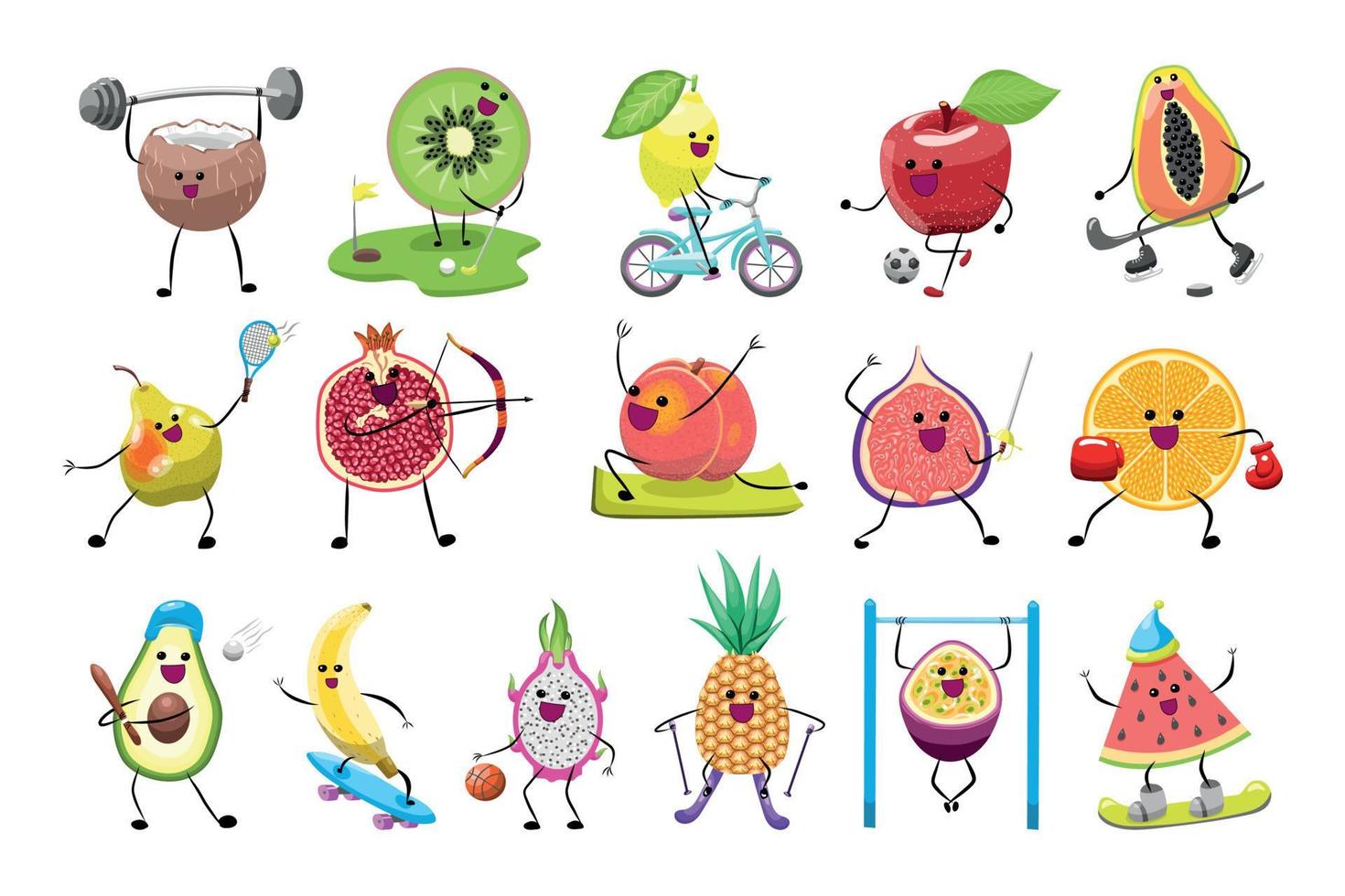 personajes de frutas en los deportes vector