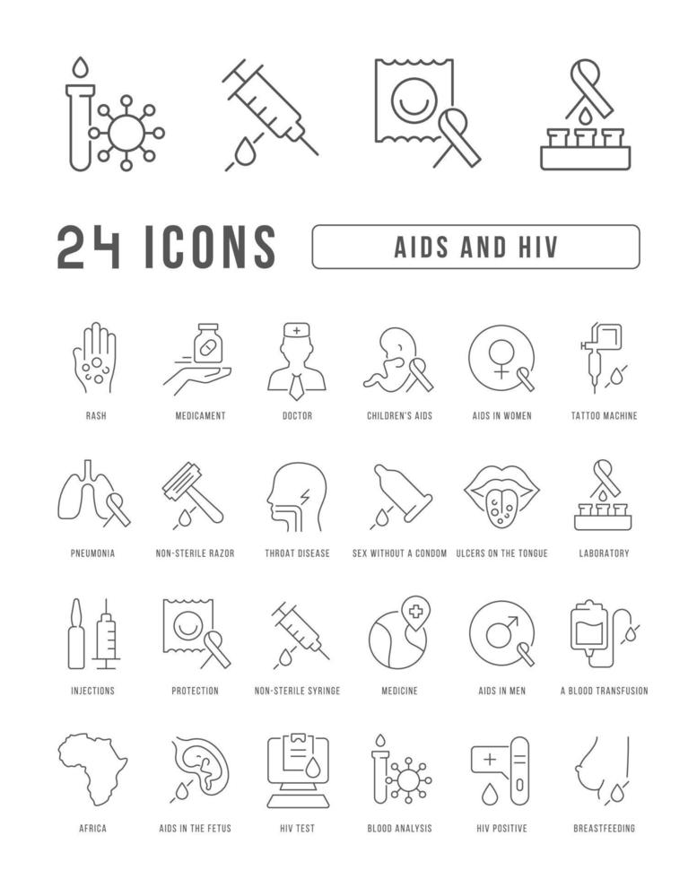 Set of linear icons of AIDS and HIV vector