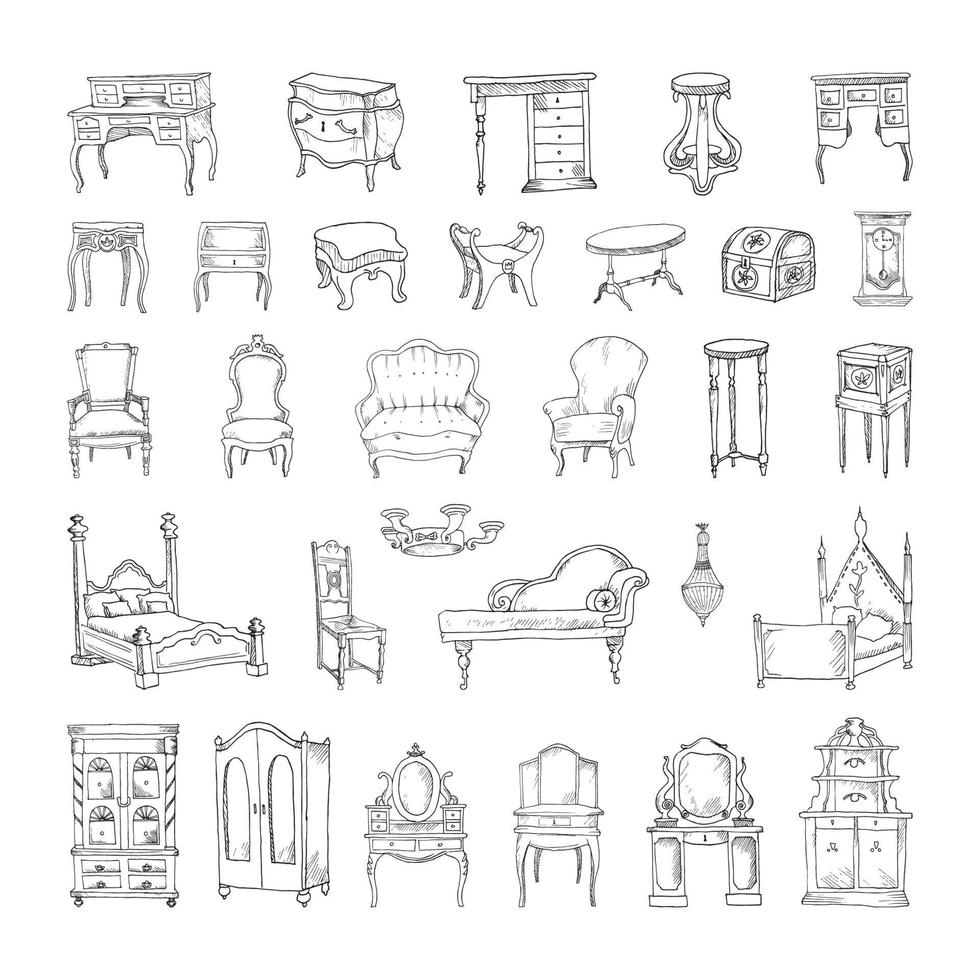 ilustraciones de muebles antiguos en estilo art ink vector