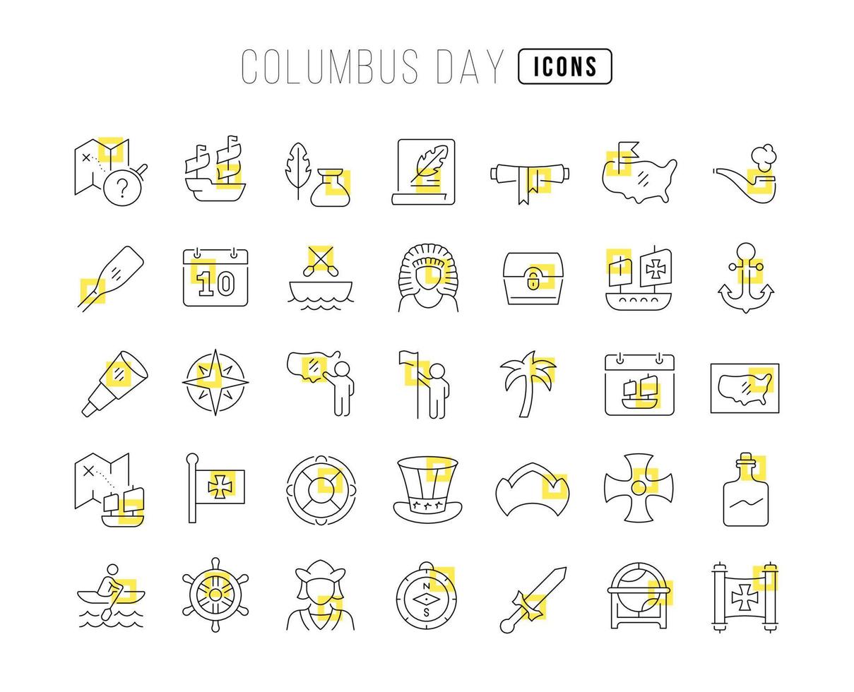 Set of linear icons of Columbus Day vector