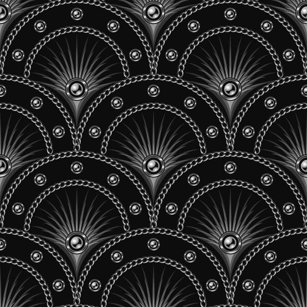 Seamless gray black pattern with fan shaped grid, silver chains, ball beads, thin rays inside of grid cell. Classic luxury background. Vector