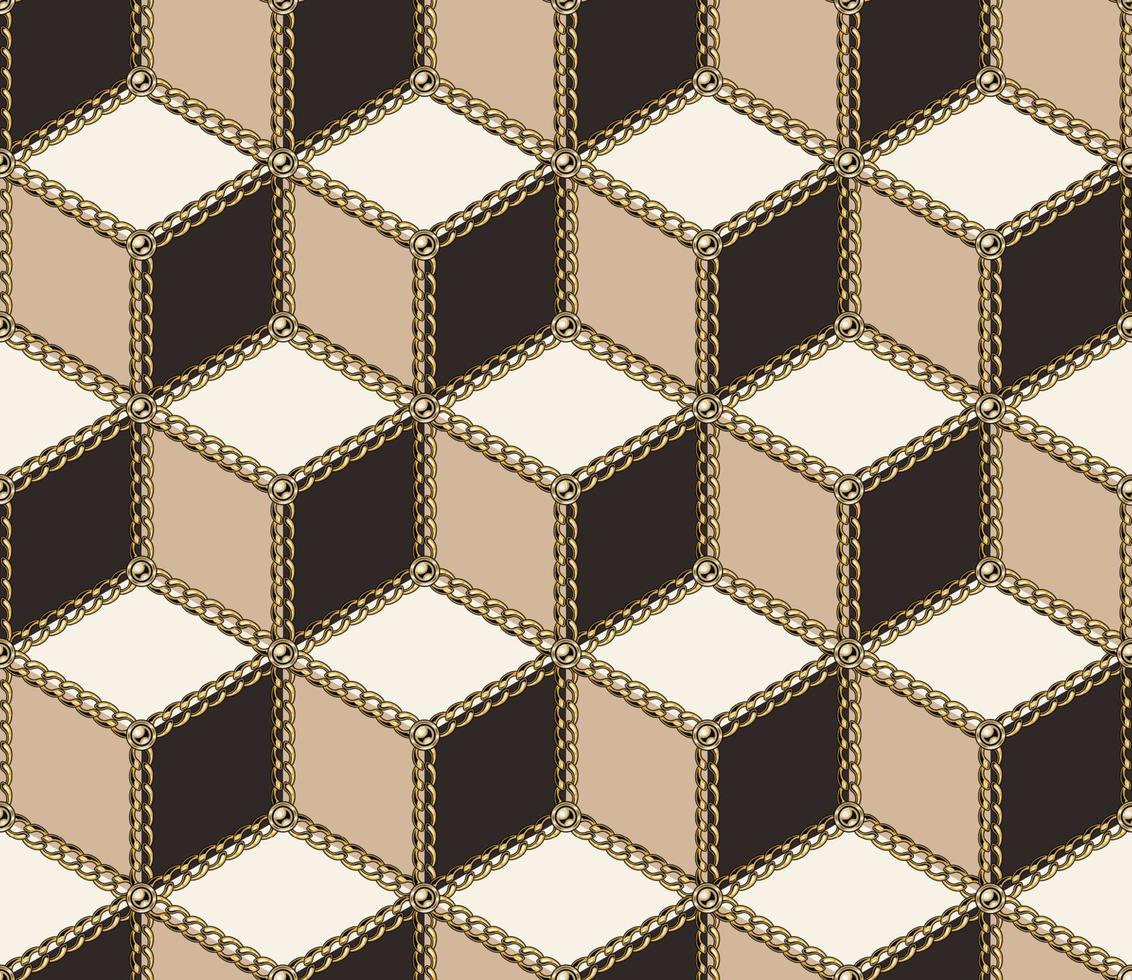 patrón de cubo clásico isométrico transparente con cadenas doradas y cuentas. colores blanco, beige, marrón. vector