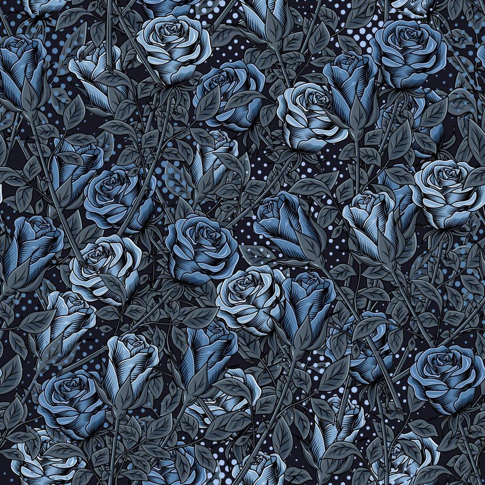 Camouflage pattern with lush blooming blue roses, gray leaves, round halftone shapes. Dense composition with overlapping elements. Good for female apparel, fabric, textile, sport goods. vector