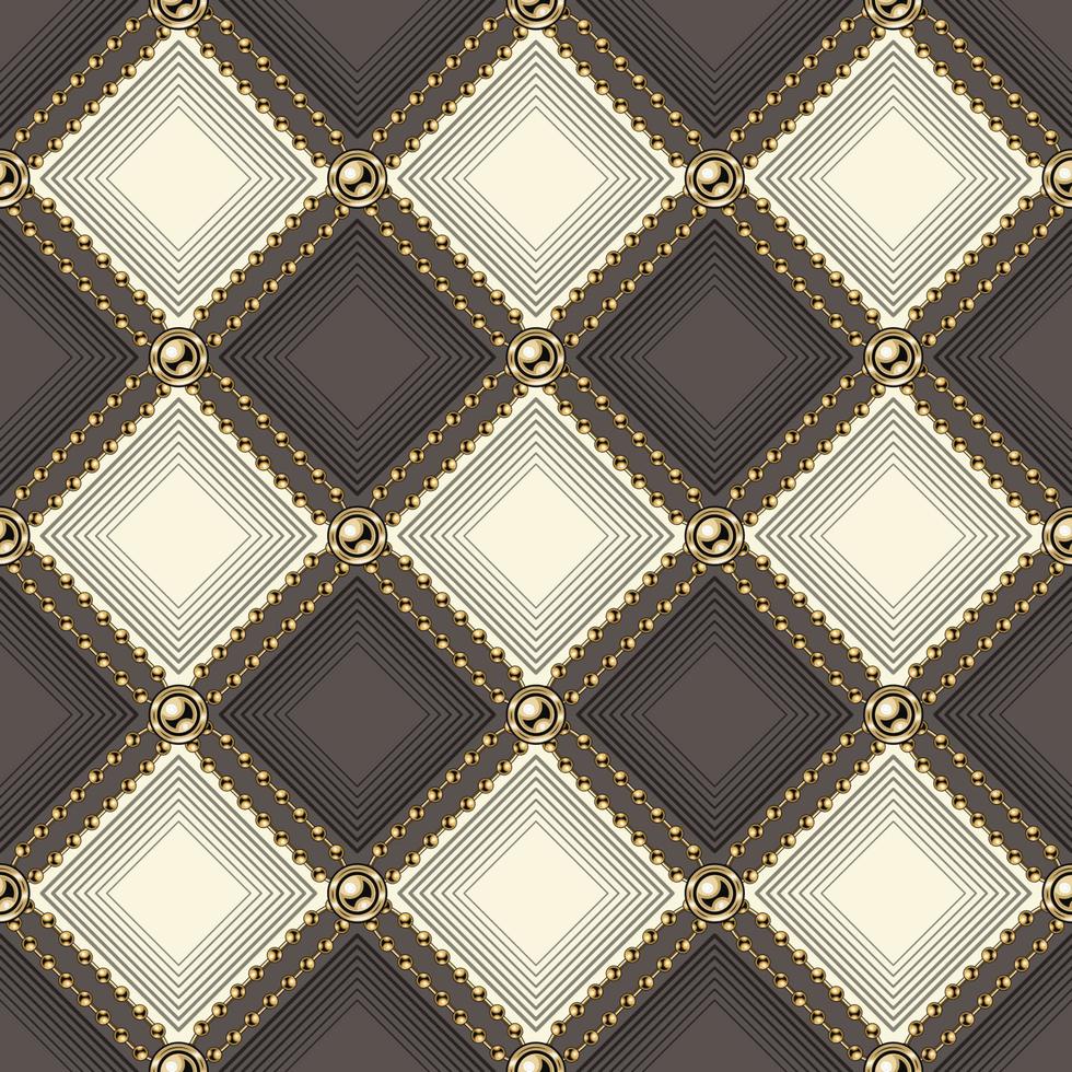 Checkered vintage brown and beige pattern with gold ball bead chains, golden beads. Classic vector seamless background.