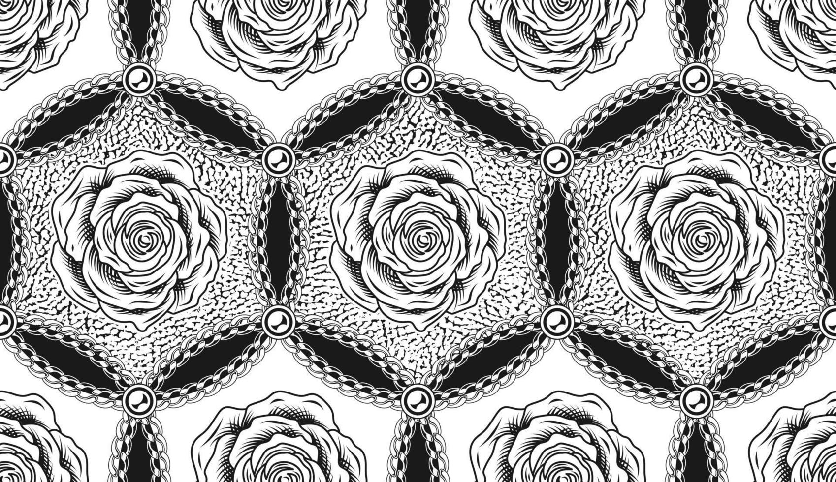 Seamless black and white hexagonal pattern with chains, beads, contour roses, intersecting circles. Classic geometric vintage background. Vector illustration