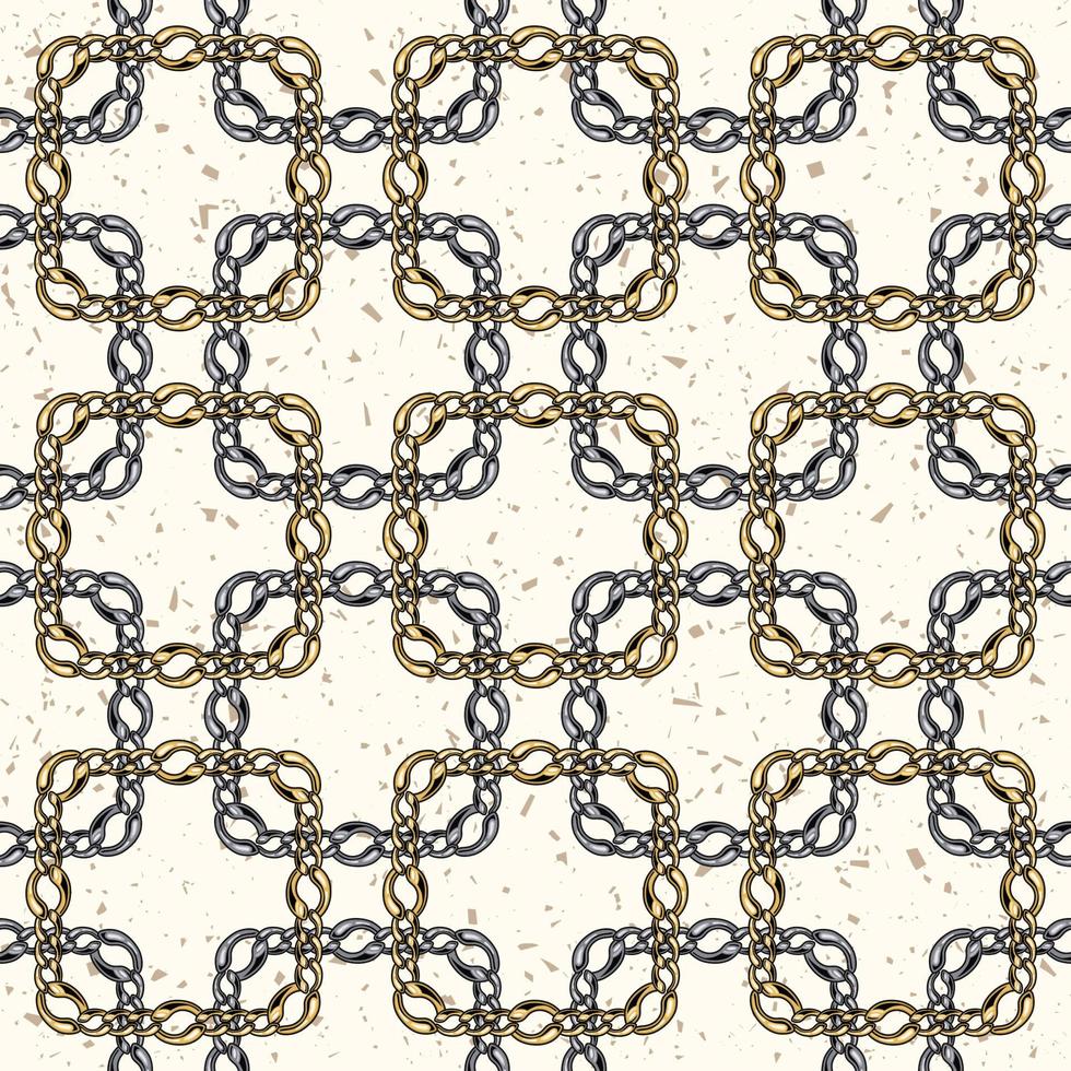 Seamless geometric chain pattern with intricate squares on textured background with small particles like motes, dust. Vector Illustration.