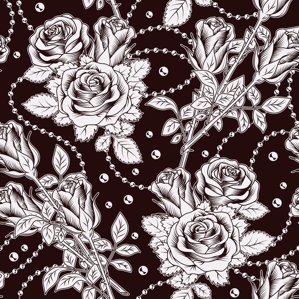 patrón monocromático sin costuras con exuberantes rosas vintage en flor con hojas, tallos y cadenas de bolas de metal. ilustración vectorial blanco sobre negro. estilo de grabado vector