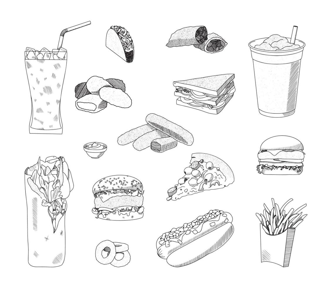 Fast Food Illustrations in Art Ink Style vector
