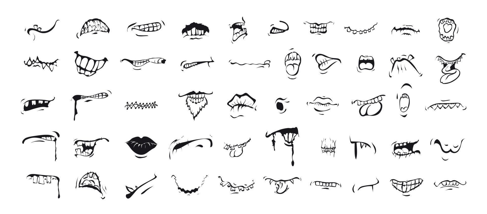 expresiones de boca de dibujos animados en estilo boceto vector
