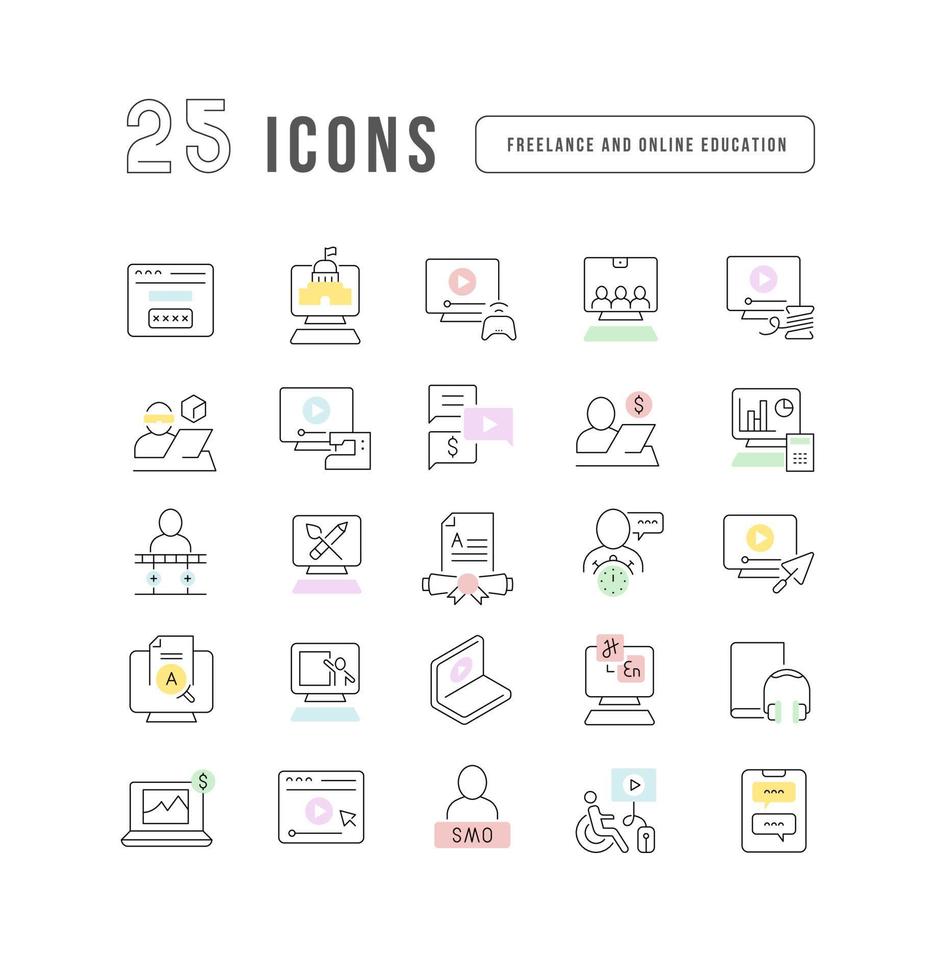 Set of linear icons of Freelance and Online Education vector