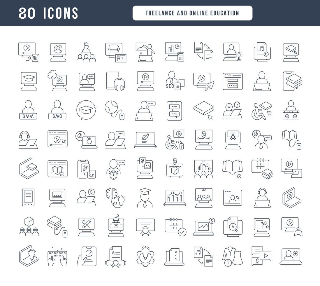 conjunto de iconos lineales de educación independiente y en línea vector