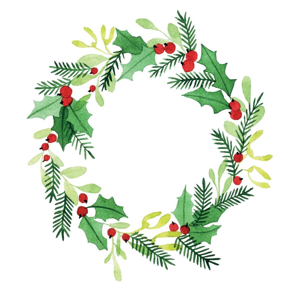 watercolor Christmas New Year wreath of green leaves and red berries. spruce branches, holly, mistletoe vector