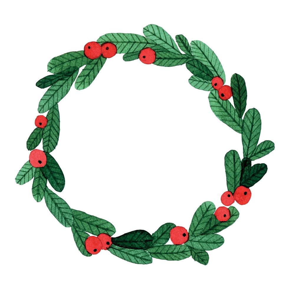 Christmas wreath. simple watercolor drawing, wreath of green spruce branches and red berries. symbol of new year, christmas vector