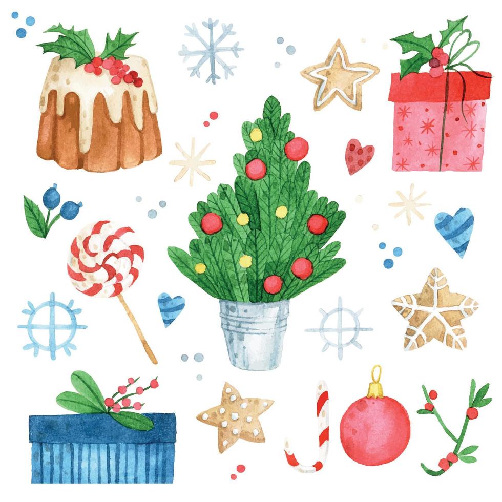 juego de acuarela para navidad, año nuevo. colección con lindos dibujos de regalos, copos de nieve, juguetes de navidad, árbol de navidad aislado en fondo blanco vector