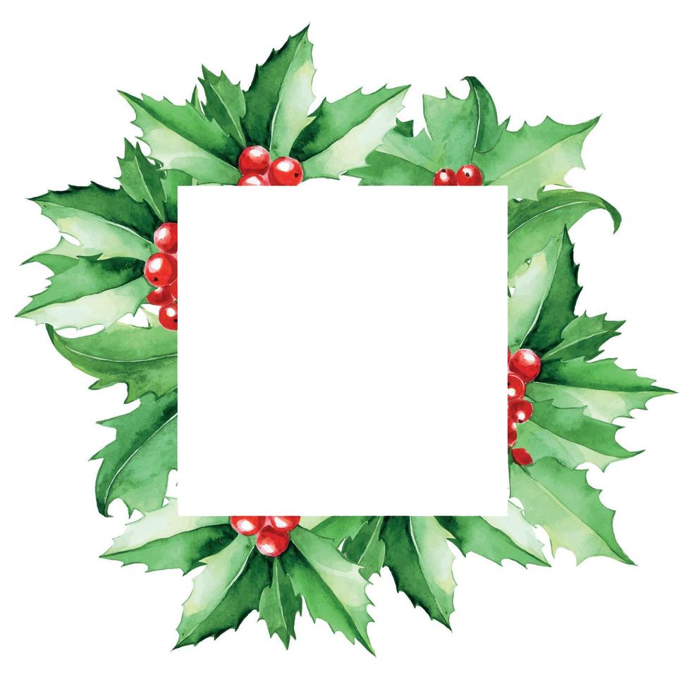 watercolor square frame, border with holly leaves and berries. green leaves of holly on a white background. christmas card, decoration for the holidays new year, christmas vector