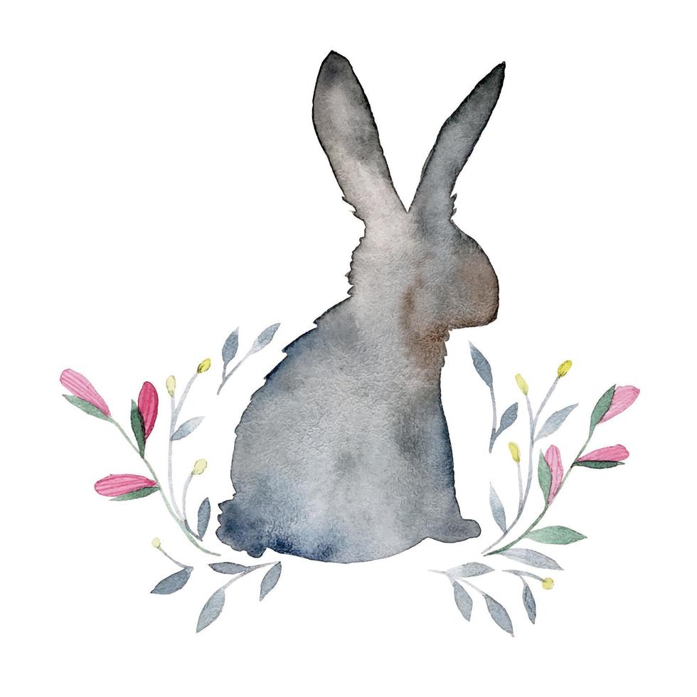 watercolor drawing of hare, rabbit and spring flowers and leaves. silhouette of an Easter bunny with roch flower buds and leaves. boho style, nature. vector