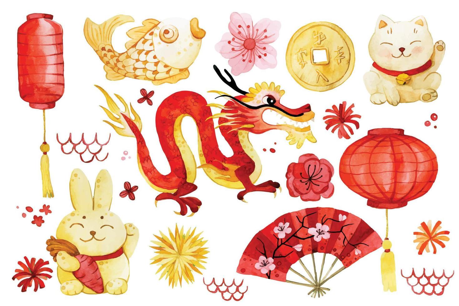watercolor drawing. chinese new year clipart set. cute Chinese dragon drawings, lanterns, fireworks in red and gold color vector