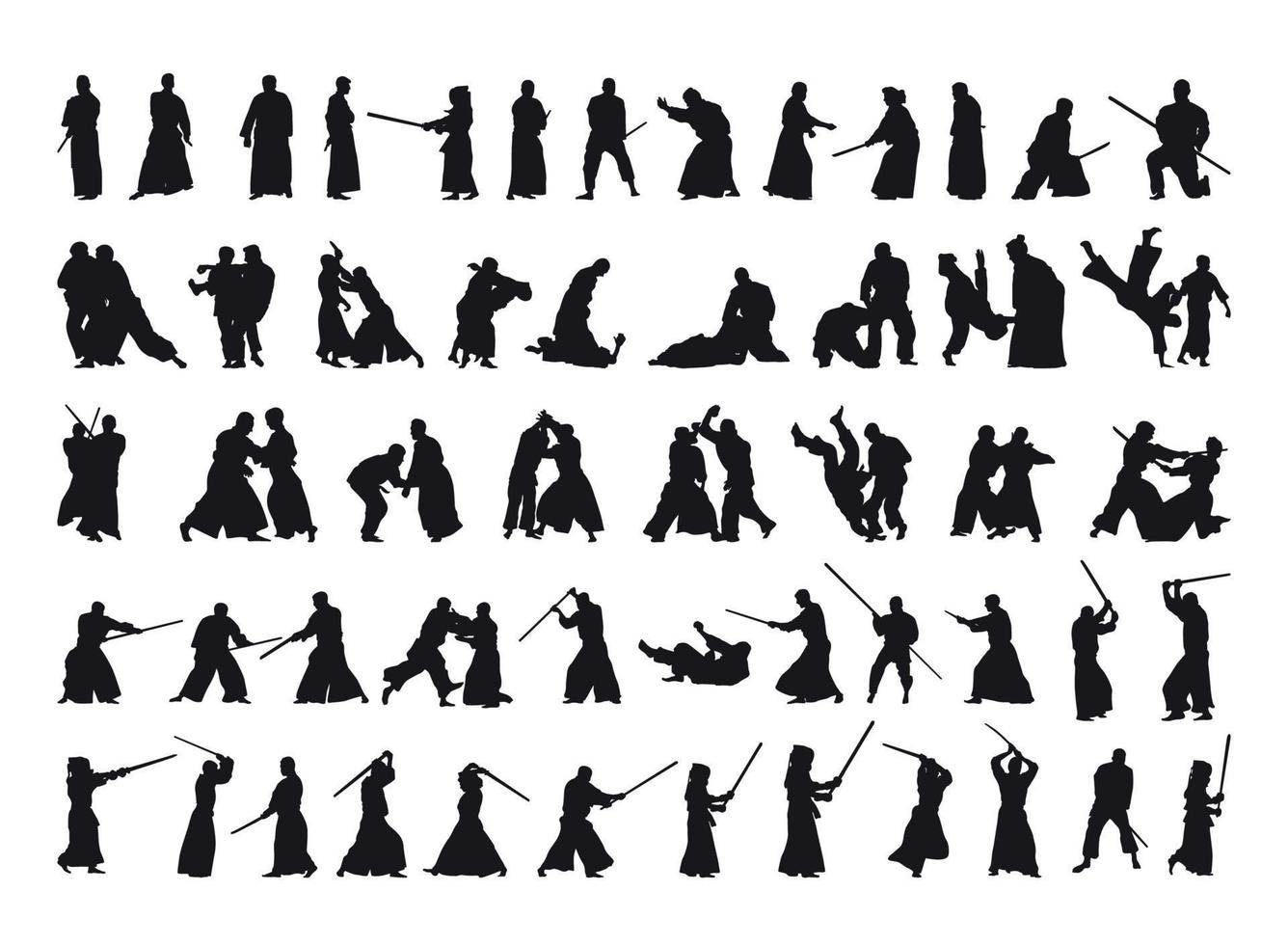 Set of Black Silhouettes of Aikido Fighters vector