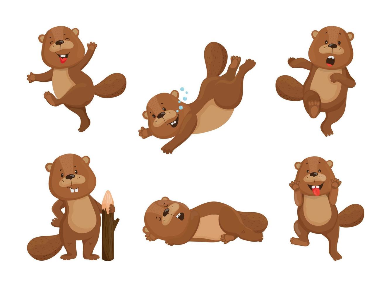 Set of Illustrations with Beaver Character vector