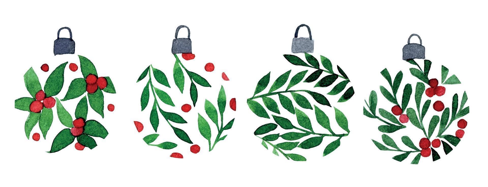 watercolor drawing set with Christmas tree toys, balls. balls with natural ornament green leaves and red berries. abstract holiday decorations new year, christmas vector