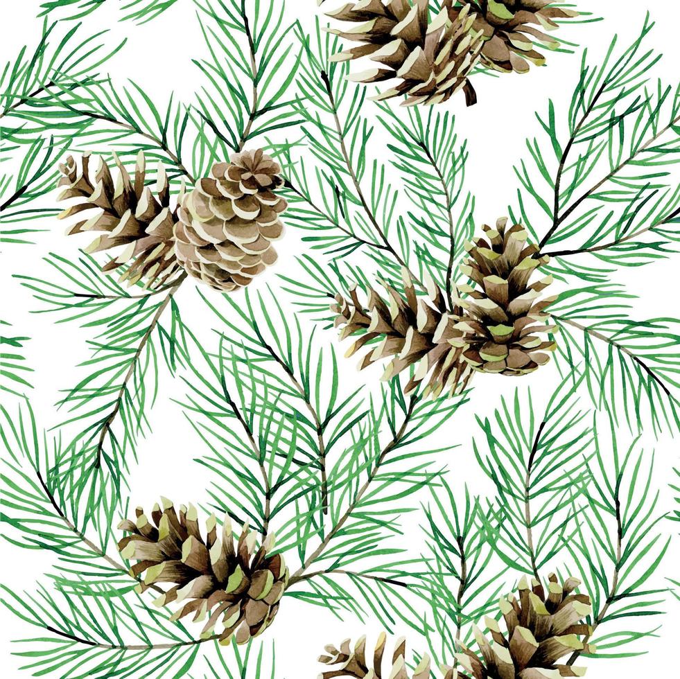 acuarela de patrones sin fisuras con ramas de abeto y conos, árboles de Navidad aislados sobre fondo blanco. año nuevo, estampado navideño. vector