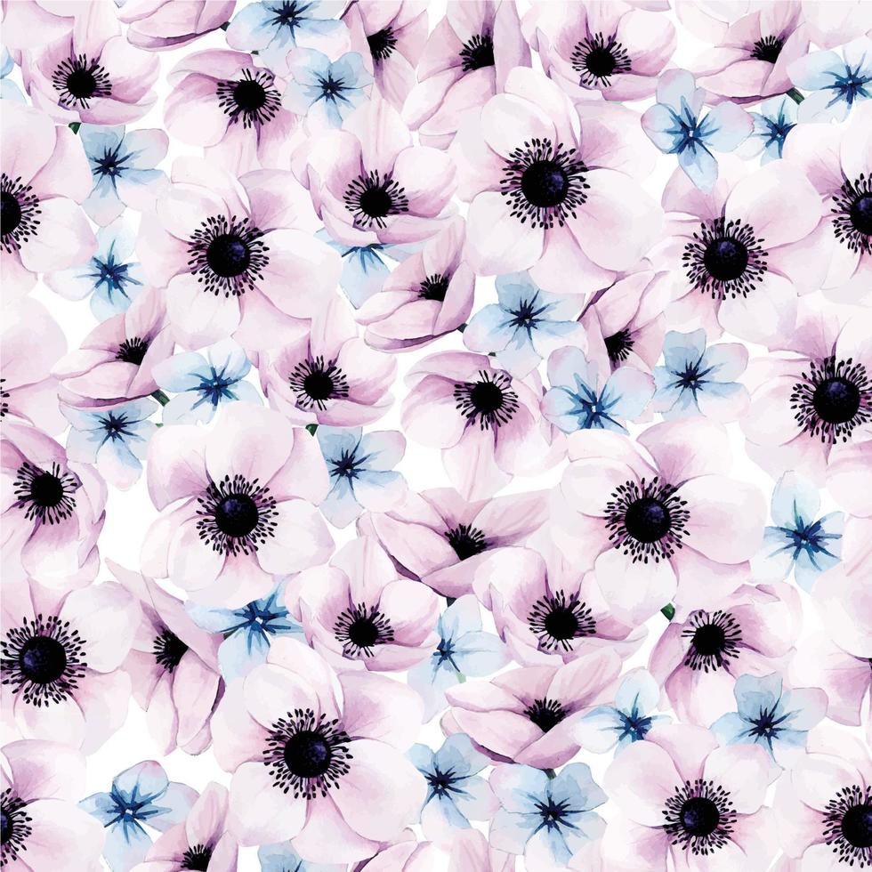 seamless watercolor pattern with pink and blue anemone and hydrangea flowers. cute floral print with dense pattern. design for scrapbooking, fabric, wallpaper, wrapping paper. vector