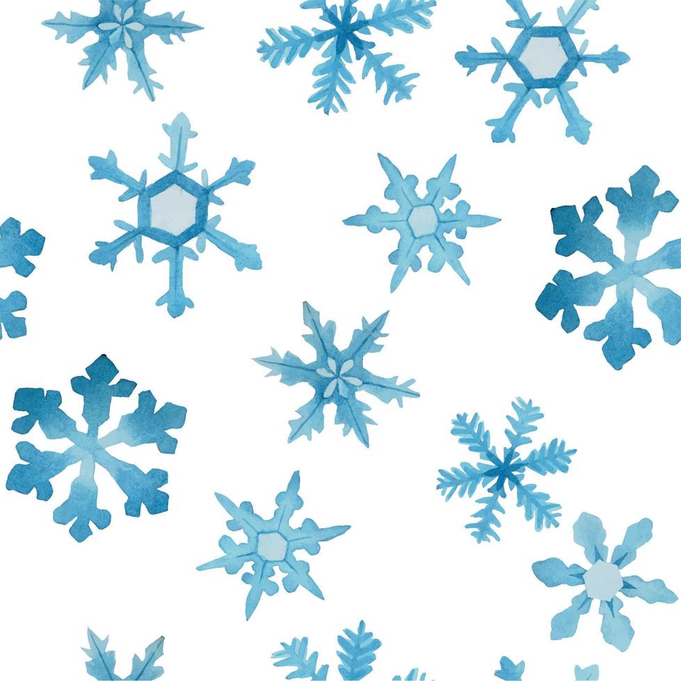 acuarela de patrones sin fisuras con copos de nieve azules sobre un fondo blanco. año nuevo, estampado navideño para papel tapiz, papel de regalo. vector