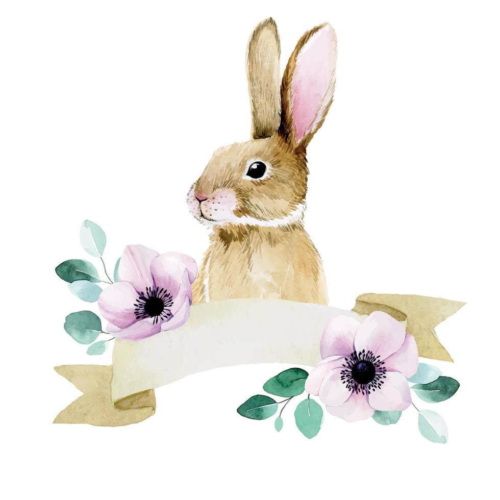 watercolor drawing. cute easter bunny with flowers. decoration for greeting card Easter bunny with spring flowers, place for text vector