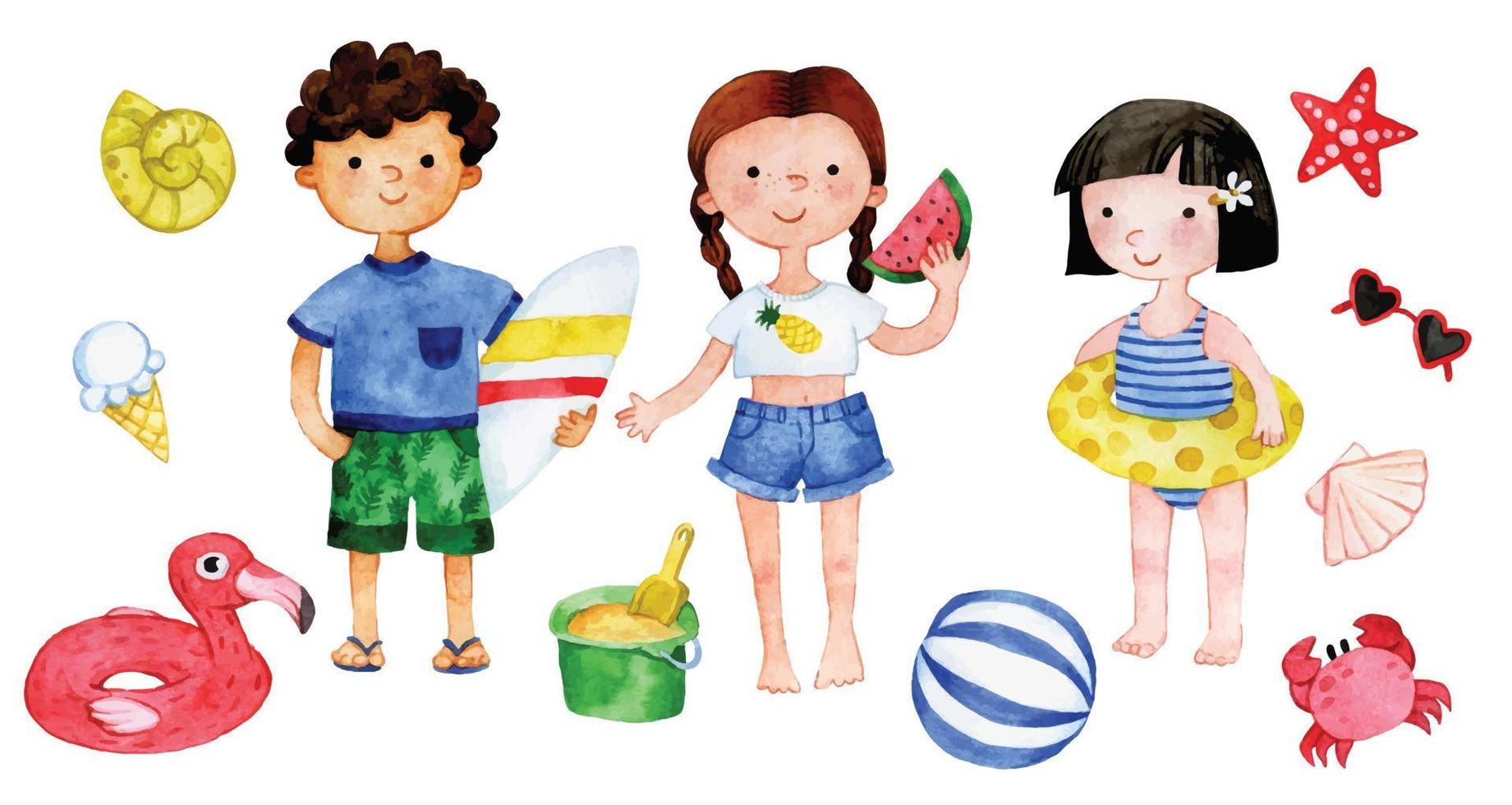 dibujo de acuarela. conjunto de lindos personajes de niños en la playa. niño y niña en trajes de baño, círculo de natación, juguetes vector