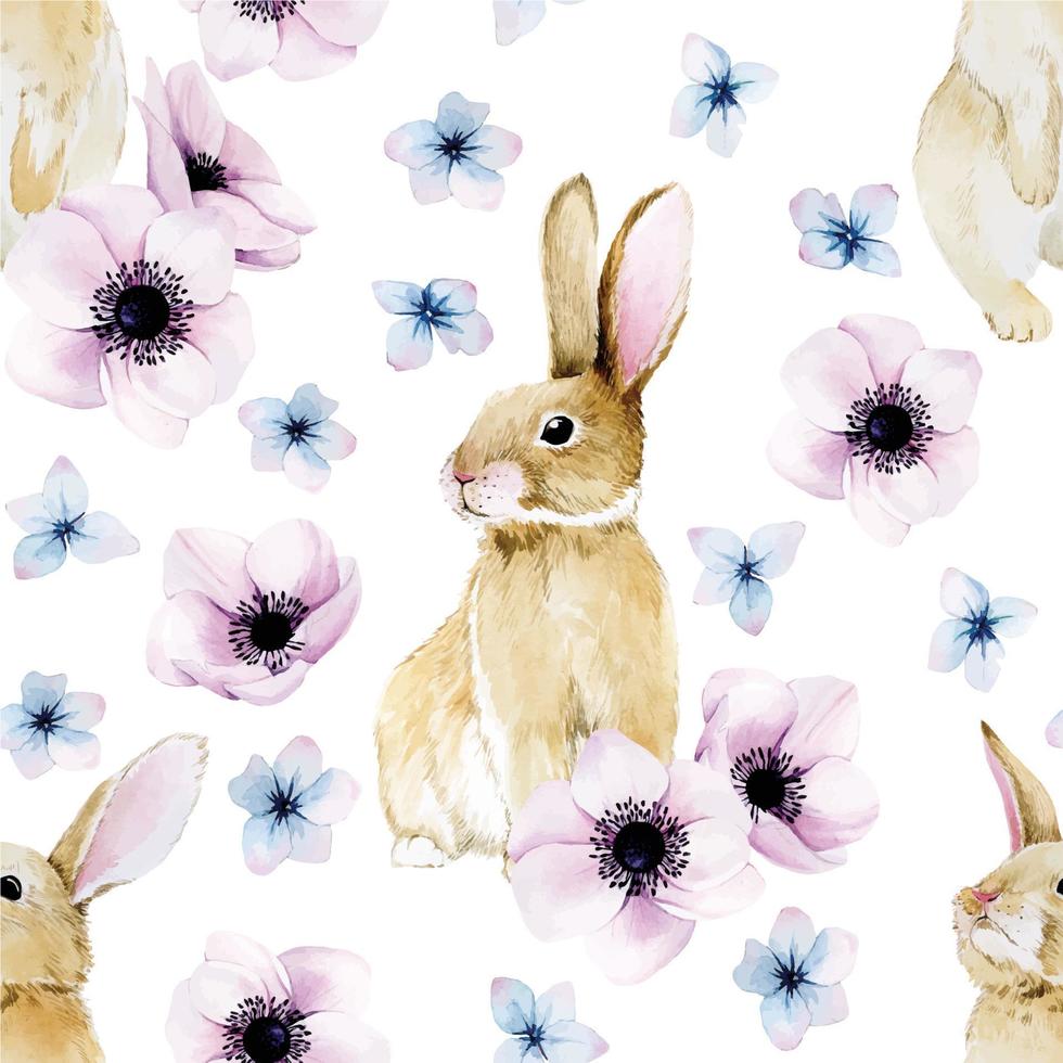 watercolor seamless pattern. Print on the theme of Easter, spring with cute Easter bunnies and flowers isolated on a white background. vintage drawing vector