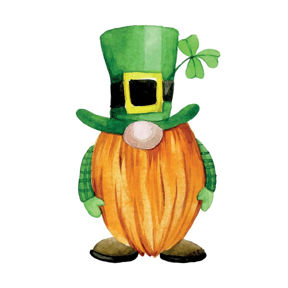 watercolor drawing. illustration for  st patrick's day. cute gnome, leprechaun in green clothes with a four-leaf clover. clipart character. vector