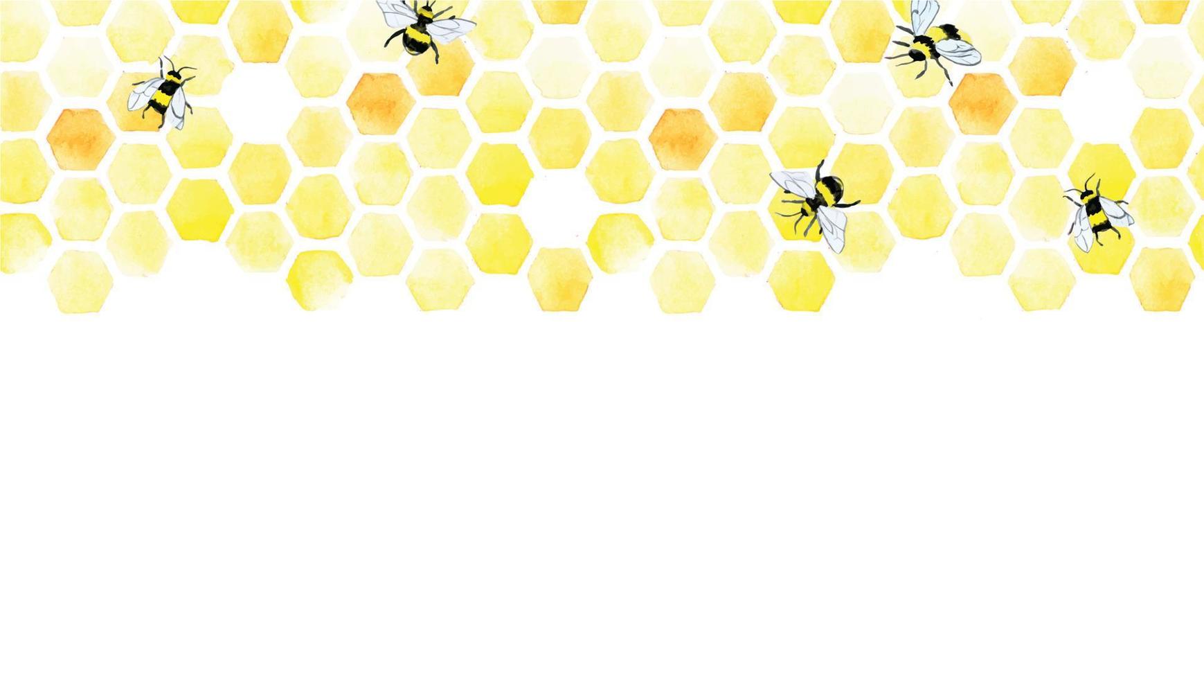 watercolor seamless border, frame with cute bees and honeycomb. print, banner, on the topic of beekeeping, farming of ecological products. seamless yellow background vector