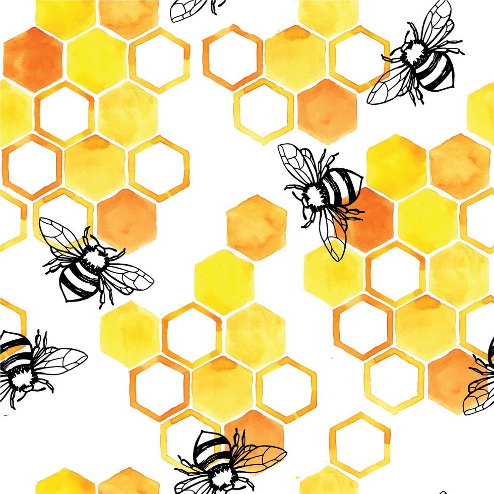 seamless watercolor pattern with honey bees and little cute bees. yellow and orange honeycomb on a white background. vector