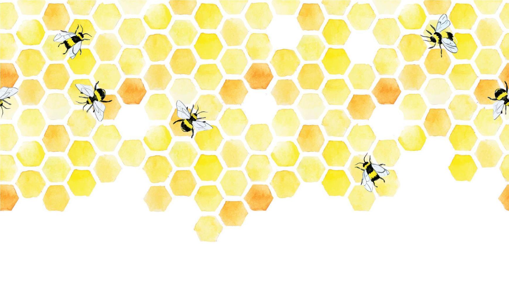 watercolor seamless border, pattern with honeycomb and cute bees. hand drawing, yellow honeycomb, print on the theme of farming, organic products, beekeeping, honey production. web banner vector