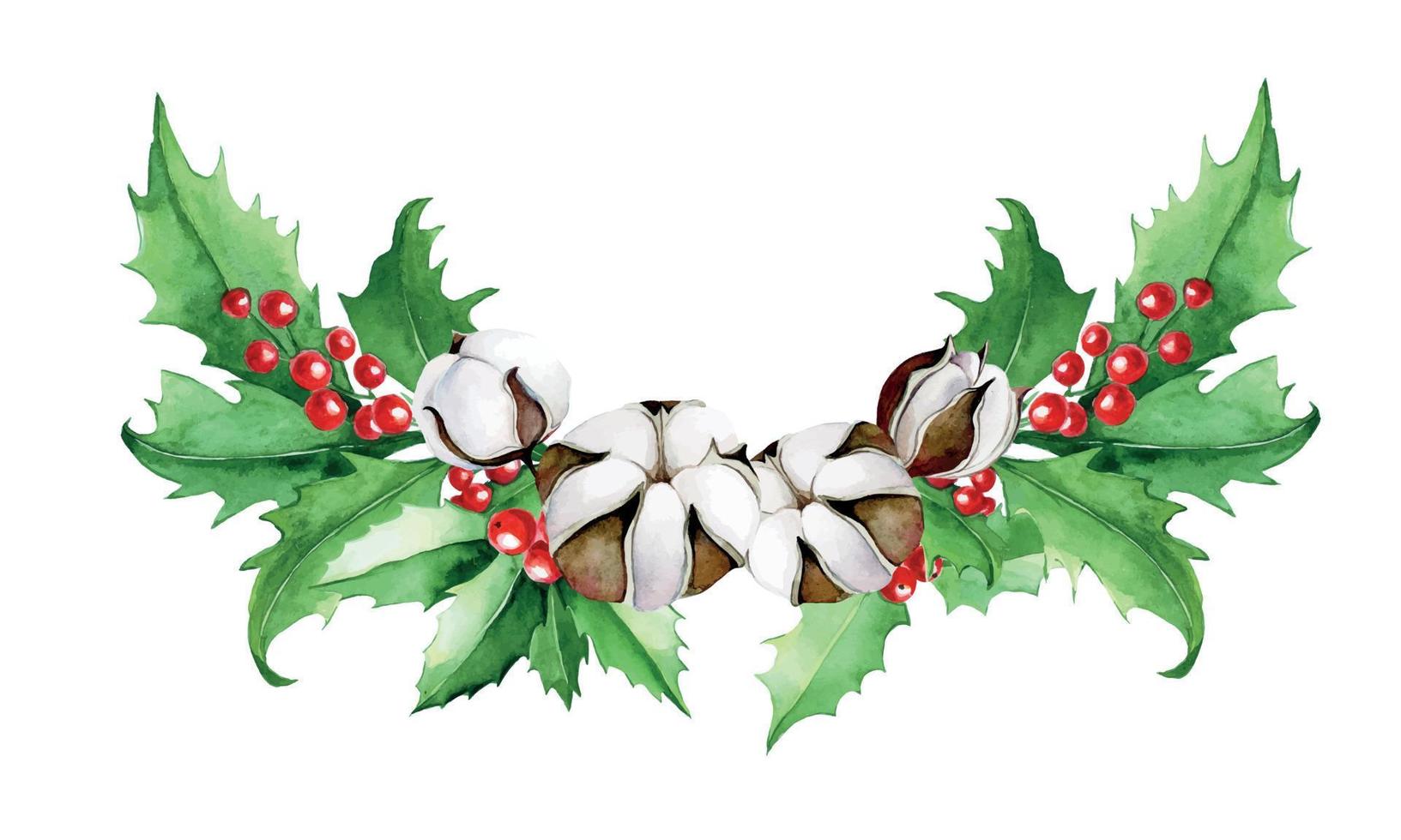 acuarela dibujo composición navideña, ramo de hojas de acebo y bayas y flores de algodón. imágenes prediseñadas, decoración para año nuevo, navidad vector