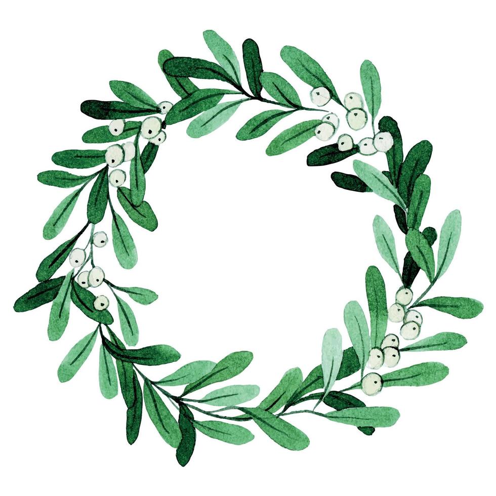 watercolor drawing, Christmas wreath of mistletoe. simple cute new year, christmas wreath of green leaves and berries isolated on white background vector