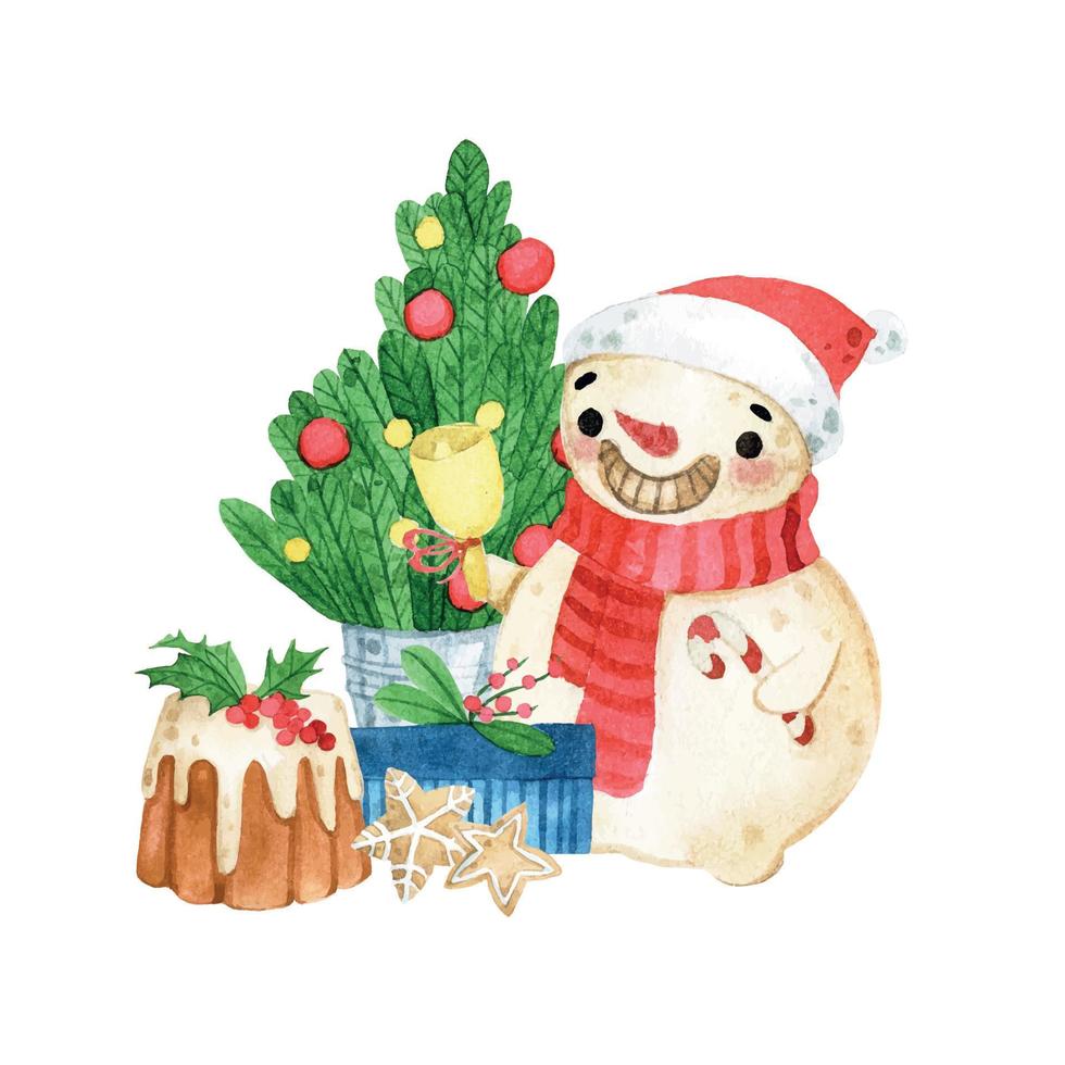 watercolor drawing. christmas composition snowman, christmas tree christmas gifts. greeting card. vector