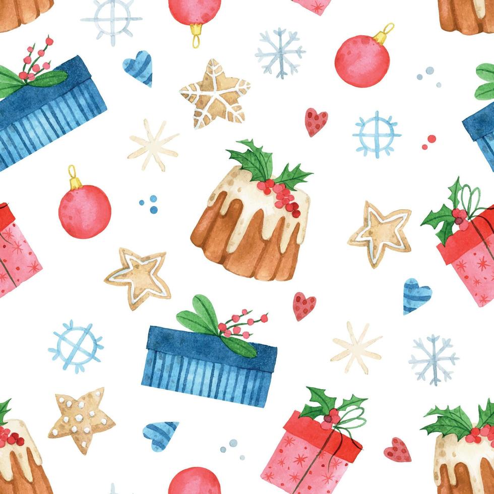 watercolor seamless pattern for christmas, new year. print with cute drawings gifts, snowflakes, christmas toys on a white background vector