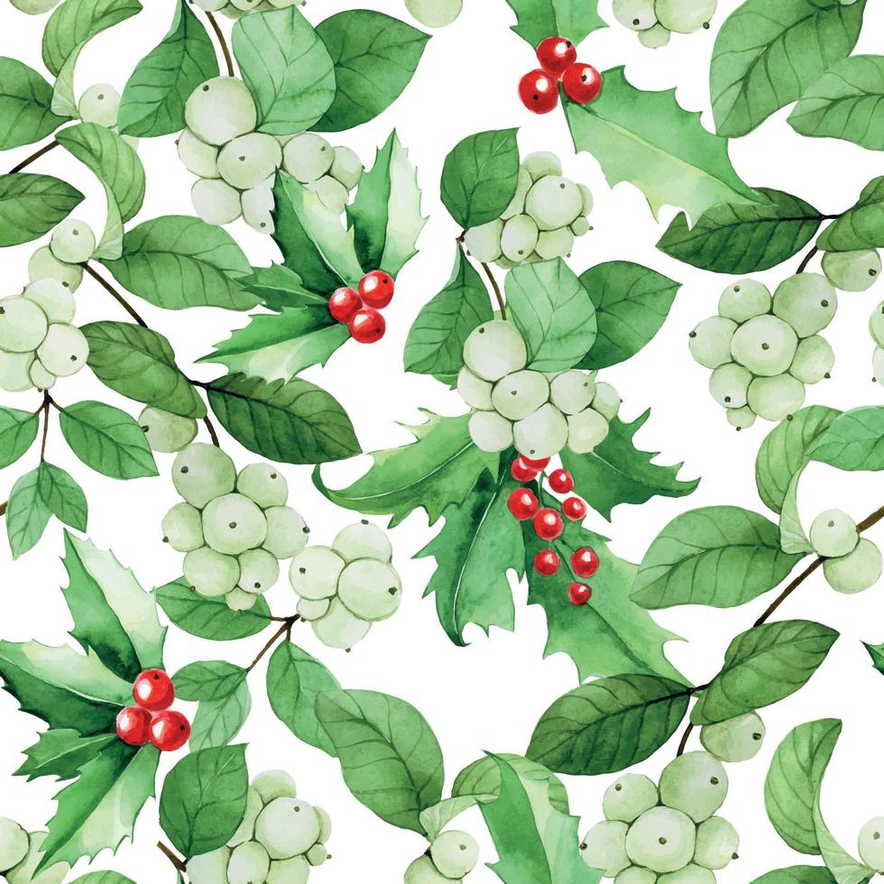 seamless watercolor pattern with snow berry and holly. leaves, branches and berries of the plant snow berry, holly isolated on white background. print on the theme of christmas, winter, new year. vector