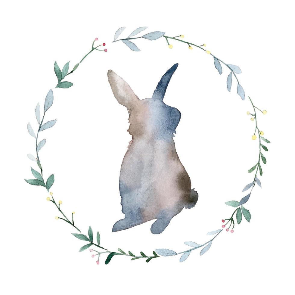 dibujo de acuarela. conejito de Pascua con una corona de flores de primavera. lindo conejito de pascua, dibujo de esquema de estilo escandinavo vector