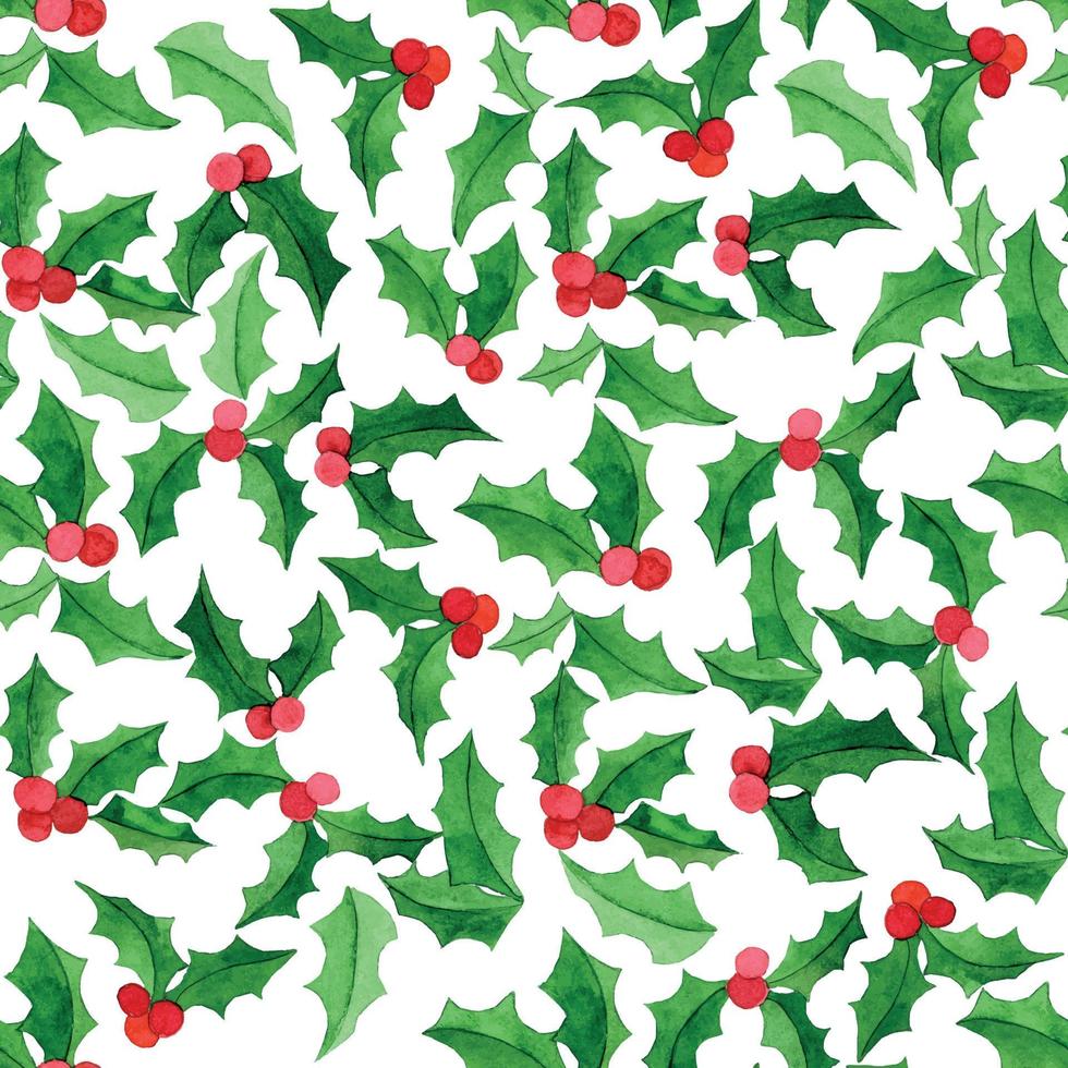 acuarela de patrones sin fisuras con acebo sobre un fondo blanco. simple impresión navideña de año nuevo con bayas rojas y hojas verdes. vector