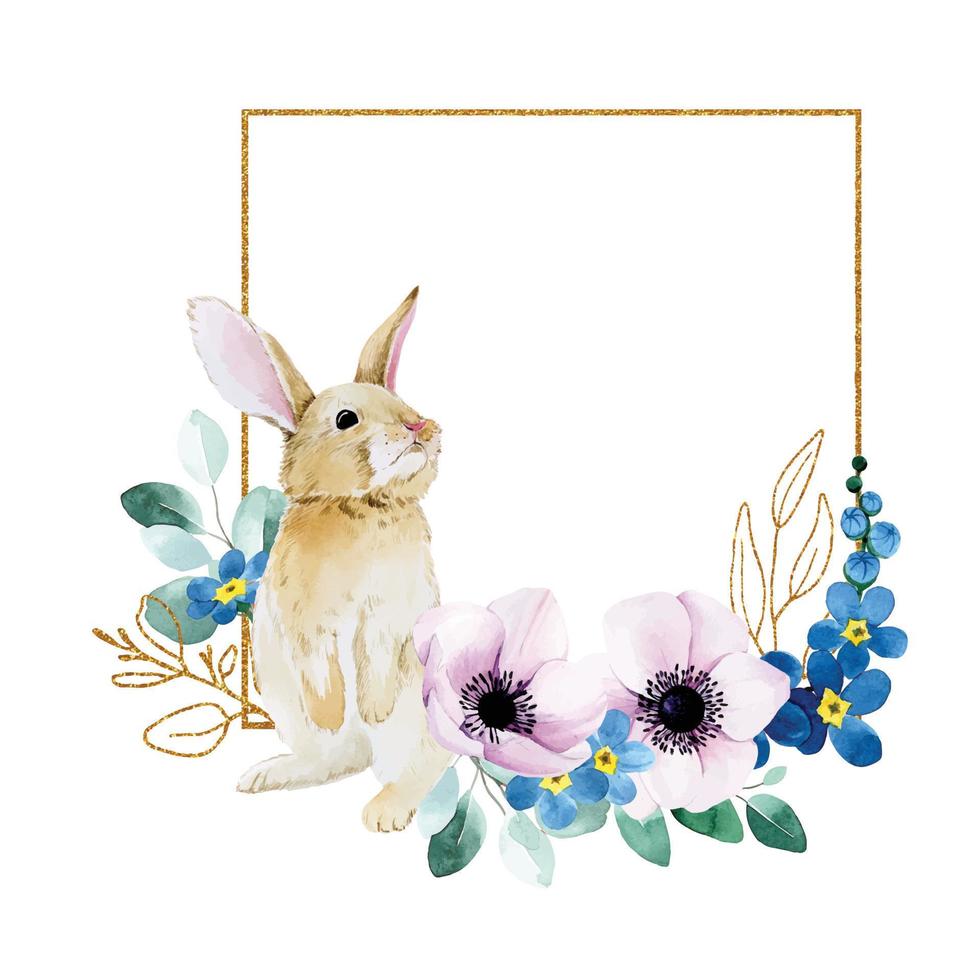 watercolor drawing. golden frame with easter bunny and flowers, golden eucalyptus leaves. decor for easter, postcard vector