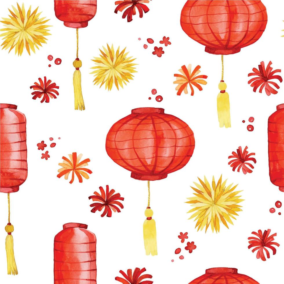 acuarela de patrones sin fisuras. año Nuevo Chino. linternas chinas rojas y doradas, saludos, fuegos artificiales. lindo estampado de vacaciones vector