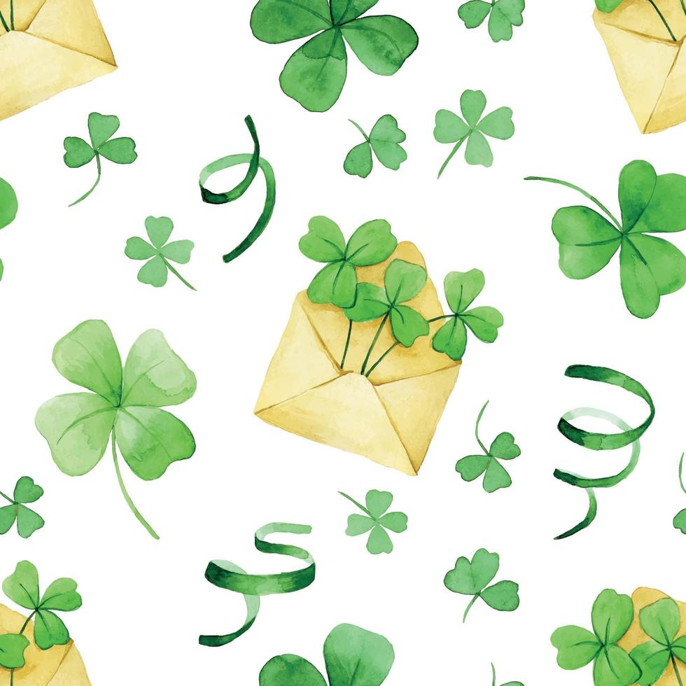 watercolor seamless pattern for st patricks day. cute print with four leaf clover and green holiday ribbons on a white background. vector