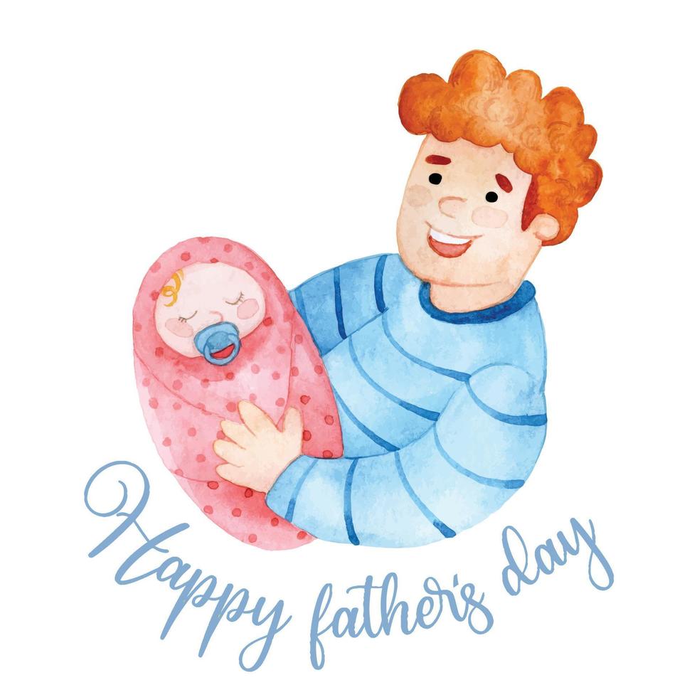 cute watercolor illustration. father's day card. father and daughter, family. funny characters pink and blue color. vector